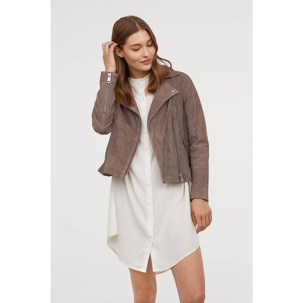 H&M Women's Faux Suede Biker Jacket –‎ Size 2 – Taupe – Edgy & Versatile